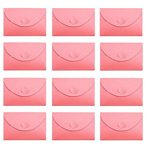 HansGo 100 Pcs Handmade Mini Gift Card Envelopes Holders Cute Post Card Heart Clasp, Mini Kraft Paper Envelopes, Shining Pink Envelopes