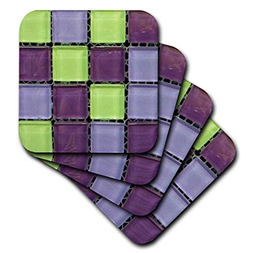 3dRose cst_53288_3 Popular Green N Purple Glass Tiles on Grid-Ceramic Tile Coasters, Set of 4