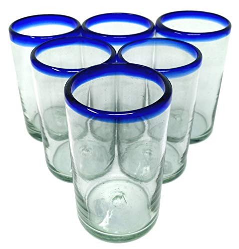 Hand Blown Mexican Drinking Glasses  Set of 6 Glasses with Cobalt Blue Rims (14 oz each)