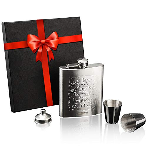 OneBom Hip Flask 7oz, Engraved Flask with Funnel & Shot Glass Set, FDA 304 Stainless Steel, Brushed Leak Proof, Portable Pocket Size with Gift Box for Wine Lover (Stainless Steel)