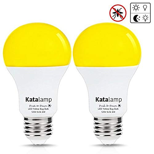 LED Dusk to Dawn A19 Bug Light Bulbs, Yellow Bulb, Amber Light, Automatic Sensor Bulb, LED Porch Lights, Security Outdoor Bulb, Auto On/Off, 2000K E26 40W Equivalent, 2-Pack by Katalamp