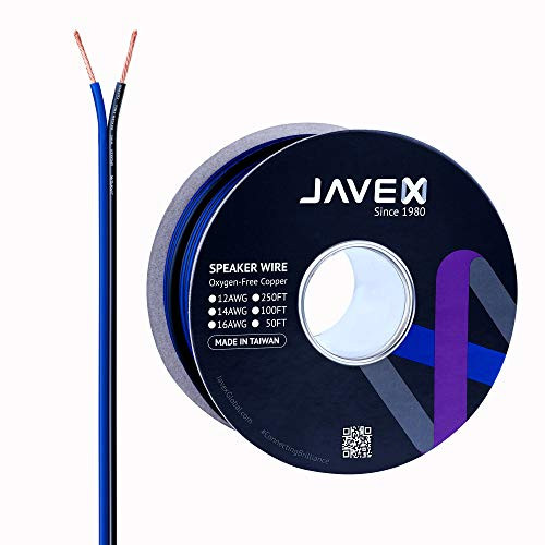 JAVEX Speaker Wire 14-Gauge AWG [Oxygen-Free Copper 99.9%] Cable for Hi-Fi Systems, Amplifiers, AV receivers and Car Audio Systems, Blue/Black, 50FT