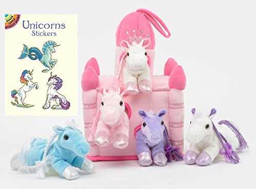 Unipak Pink Castle Horse House 11" Plush Stuffed Animal with Unicorn sticker book