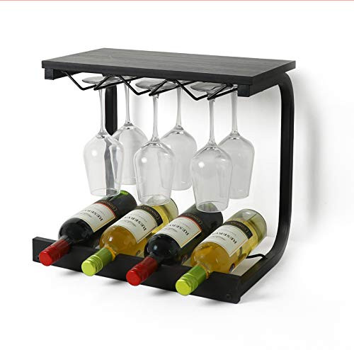 SODUKU Wine Rack Wall Mounted Handmade Metal & Wood Wine Countertop Rack Wine Storage Shelf with 4 Bottle Cages & 6 Long Stem Glass Espresso