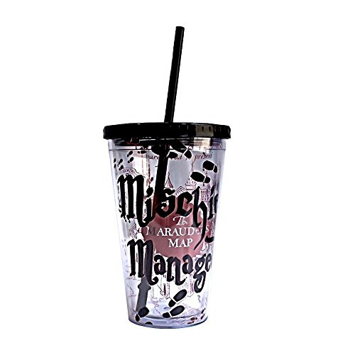 Silver Buffalo HP09087 Warner Brothers Harry Potter Mischief Managed Plastic Cold Cup with Lid and Straw, 16-Ounces