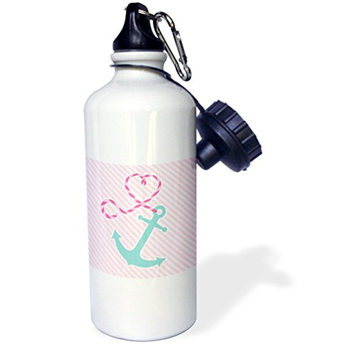 3dRose Cute Anchor and Heart Rope-Pink and Aqua-Sports Water Bottle, 21oz (wb_165814_1), Multicolored
