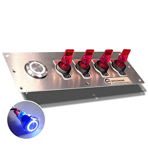 MGI SpeedWare 12vDC Ignition Switch Panel with Blue LED Push Button and 4 Duckbill Lighted Racing Toggles