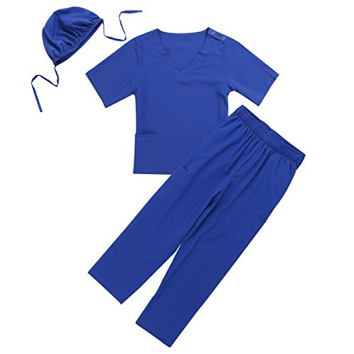 ACSUSS Kids Boys Girls Halloween Surgeon Doctor Costumes Cosplay Fancy Dress Up Surgical Lab Coat with Cap Outfits Blue 5-6