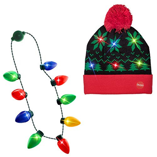 LED Light-up Knitted Ugly Sweater Holiday Xmas Christmas Tree Beanies + Light up Christmas Bulb Necklace