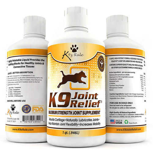 K9 Joint Relief: Glucosamine for Dogs, Liquid Joint Supplement with Chondroitin and MSM, Pain Relief for Arthritis, Hip Dysplasia, Aging, Etc., 32 Ounce K9 Joint Relief: Glucosamine for Dogs, Liquid Joint Supplement with Chondroitin and MSM, Pain Relief for Arthritis, Hip Dysplasia, Aging, Etc., 32 Ounce