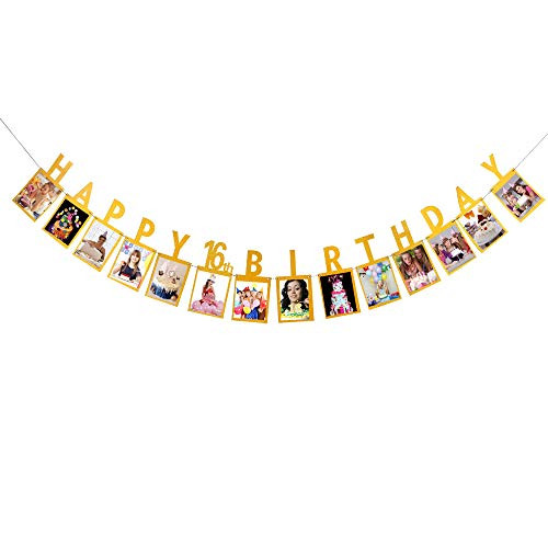 Gold Glitter Happy 16th Birthday Photo Banner - 16th Birthday Party Decorations - 16th Birthday Banner