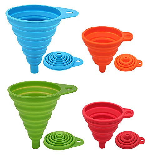 Silicone Collapsible Funnel Set 4 Pack Small+Large, Maberry Portable/Flexible/Foldable Kitchen Travel Funnel for Water Bottle Oil Liquid/Powder Transfer, Food Grade FDA Approved