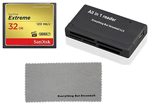 Canon EOS 5D Mark IV CompactFlash Memory Card SanDisk Extreme 32GB works with Mark III Digital DSLR Camera HD UDMA 7 (SDCFXSB-032G-G46) with Everything But Stromboli Combo Cloth and Combo Reader