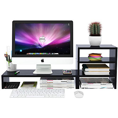 Wood Computer Monitor Stand Raiser Black with 3 Tier Desktop Organizer Storage Shelf and PC Screen TV Riser for Home Office (29.7 in,Black,Space Saving,Independent Design)