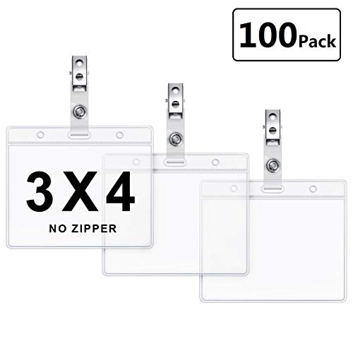 Horizontal 3x4 Inch Quick Load Name Badge Holders and Metal Clips with Vinyl Straps PVC ID Card Holder by LONOVE(100 Pack, Horizontal 3x4 no Zipper)