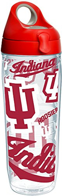 Tervis 1258227 Indiana Hoosiers All Over Insulated Tumbler with Wrap and Red with Gray Lid, 24oz Water Bottle, Clear