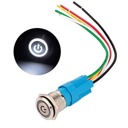 ARTGEAR 0.63''/16mm Stainless Steel Latching Push button Switch 12V-24V Power Symbol LED 1NO1NC SPDT ON Off Waterproof Toggle Switch with Wire Socket Plug (White LED)