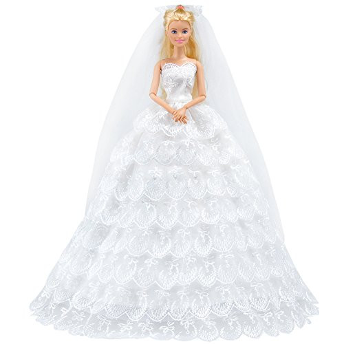E-TING White Gorgeous Long Wedding Dress Princess Gown Clothes with Veil for Girl Dolls E-TING White Gorgeous Long Wedding Dress Princess Gown Clothes with Veil for Girl Dolls