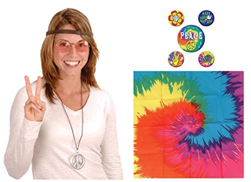 60s Sixties Retro Hippie Costume Kit | Includes Glasses, Peace Sign Necklace, Peace Buttons and Tie Dye Bandana