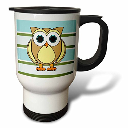 3dRose Cute Owl Blue Green Stripe Stainless Steel Travel Mug, 14-Ounce