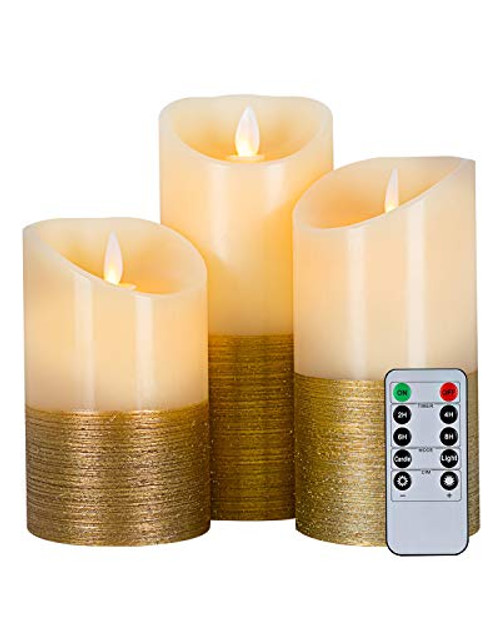 5PLOTS Flickering Flameless Candles - H 5"6"7" x D3"- Moving Flame LED Candles with Remote and Timer, Golden Stripes Decorative Candles, Battery Operated, Wax, Set of 3