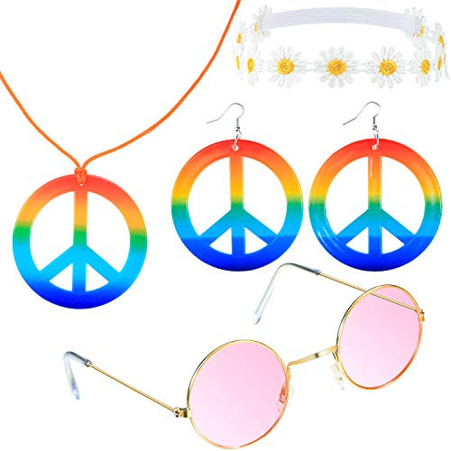 Tatuo Hippie Costume Accessory Set, Include Peace Sign Necklace, Peace Sign Earring, Hippie Glasses and Flower Headband