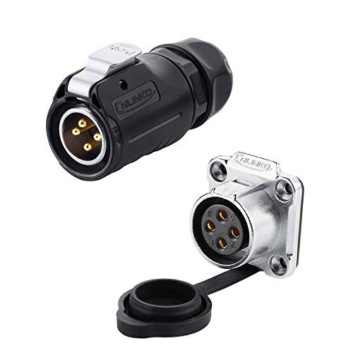 CNLINKO 4 Pin Power Industrial Circular Connector, Male Plug & Female Panel Mount Receptacles Socket Jack, Outdoor Waterproof IP67, Easy Plug and Pull, AC DC