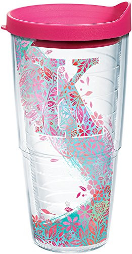 Tervis 1240094 INITIAL-K Botanical Insulated Tumbler with Wrap and Fuschia Lid, 24oz, Clear