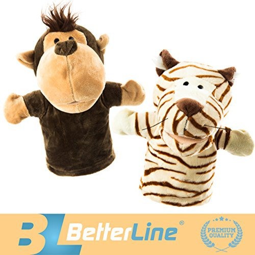 BETTERLINE Animal Hand Puppets Set of 2 Premium Quality, 9.5 Inches Soft Plush Hand Puppet for Kids- Perfect for Storytelling, Teaching, Preschool, Role-Play Toy Puppets (Monkey and Tiger)