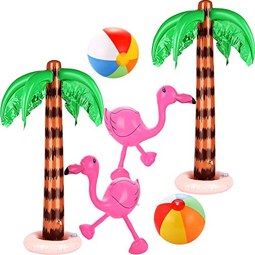 6 Pieces Inflatable Palm Trees Jumbo Coconut Trees Pink Flamingos Colorful Beach Balls Rainbow Color Balls for Hawaii Beach Luau Party Backdrop Decoration