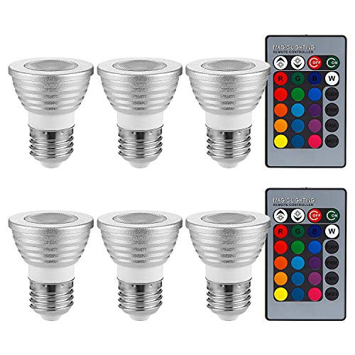 TORCHSTAR 6 Pack 3W Multi-Color E26 LED Bulbs, Dimmable RGB floodlight Bulbs with 2 Remote Controllers, Color Changing Reflector, LED Mood Light Bulbs for General, Decorative, Accent Lighting - Silver