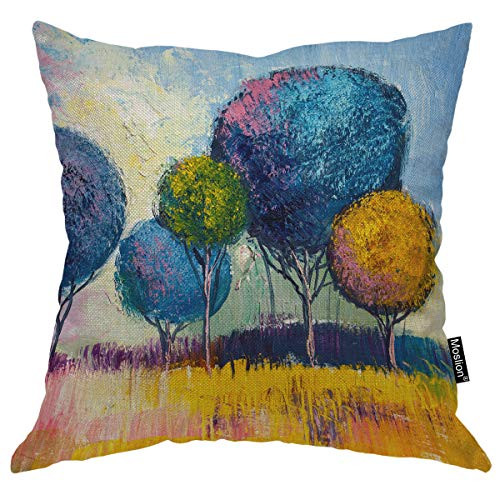 Moslion Tree Pillows Decorative Pillow Case Oil Painting Landscape Colorful Trees in Forest Grass Wheat Throw Pillow Cover Square Cushion Accent Cotton Linen Home 18x18 Inch Yellow Blue