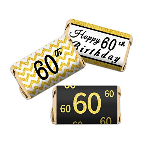 60th Birthday Party Mini Candy Bar Wrappers - Black and Gold - 63Stickers