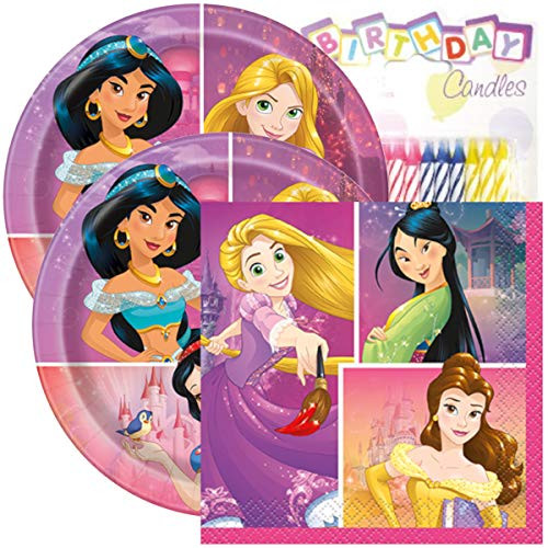 Princess Birthday Party Pack  Includes 7 Paper Plates & Beverage Napkins Plus 24 Birthday Candles  Serves 16