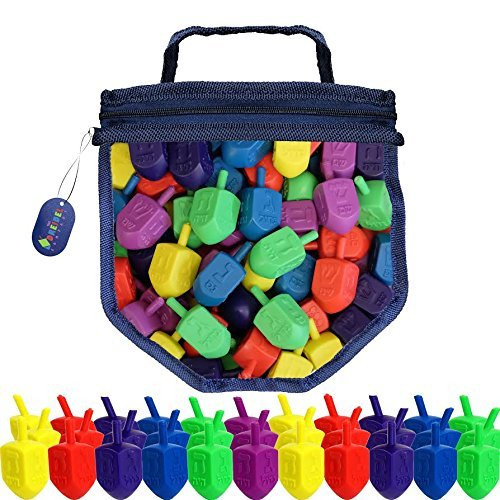 Hanukkah Dreidel Game 100 Plastic Dreidels With Game Play Instructions including Reusable Draydel Shaped Bag