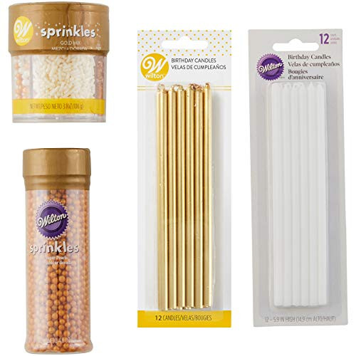 Wilton Golden Birthday Candles and Sprinkles Set, 4-Piece