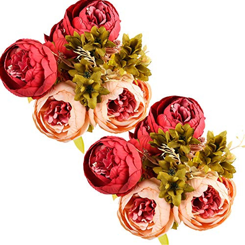 Ogrmar Vintage Artificial Peony Silk Flowers Bouquet for Decoration (Dark Pink x2)