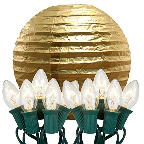 Lumabase 24710 10 Count Electric String Lights with Paper Lanterns, 10", Gold