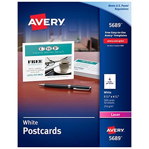 Avery Printable Cards, Laser Printers, 200 Cards, 4.25 x 5.5, U.S. Post Card Size (5689)