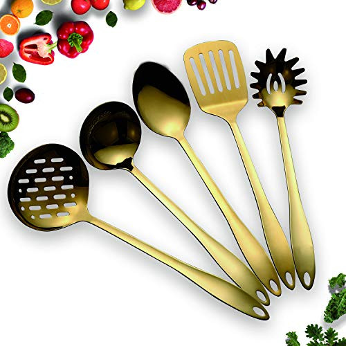 HOMQUEN Stainless Steel Kitchen Utensil Set - Gold 5 Cooking Utensils, Nonstick Kitchen Utensils Set, Include Slotted Turner, Soup Ladle, Spoon, Skimmers, Pasta Server