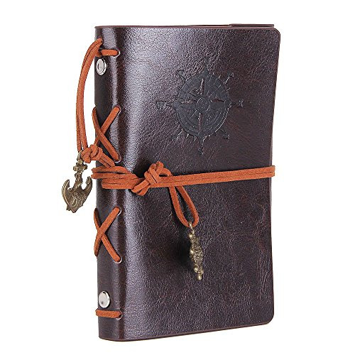 Leather Writing Journal Notebook, EvZ 5 Inches Vintage Nautical Spiral Blank String Diary Notepad Sketchbook Travel to Write in, Unlined Paper, Retro Pendants, Classic Embossed, Coffee