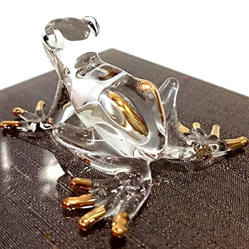 Sansukjai Frog Miniature Figurines Hand Blown Glass Art W/22K Gold Trim Animals Collectible Gift Home Decor, Clear Gold