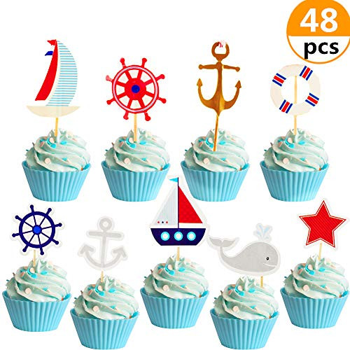 48 Pcs JeVenis Nautical Cupcake Toppers Ocean Cupcake Toppers Navy Cake Decoration Sailing Yacht Boat Pirate Ship Whale Cake Decorations for Baby Shower Birthday Party 48 Pcs JeVenis Nautical Cupcake Toppers Ocean Cupcake Toppers Navy Cake Decoration Sailing Yacht Boat Pirate Ship Whale Cake Decorations for Baby Shower Birthday Party
