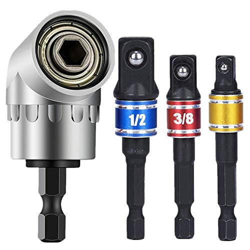 3Pcs Socket Adapter Impact Hex Shank Drill Bits Bar Set 1/4" 3/8" 1/2",1/4" Cr-V Hex Shank Impact Grade Socket Adapter/Extension Set+105 Right Angle Drill Driver Extension Screwdriver Drill Attachment
