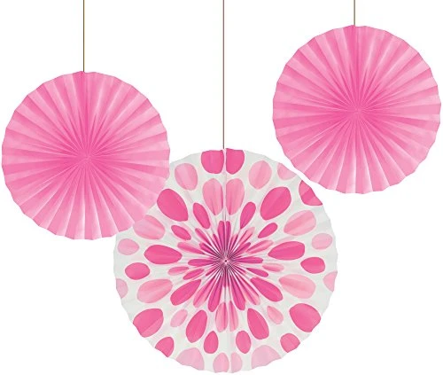 Creative Converting 3-Count Solid and Polka Dots Paper Fans, 12"/16", Candy Pink
