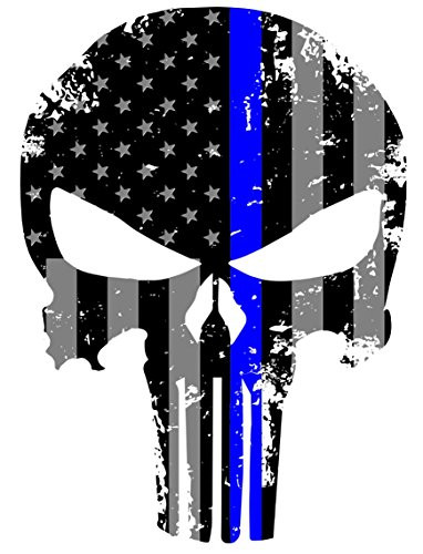 K9King Punisher Skull 5.5 x 4 Inch Tattered Subdued Us Flag Reflective Decal with Thin Blue Line