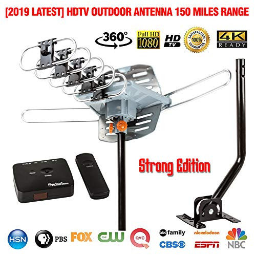 Five Star Outdoor HD TV Antenna Strongest Up to 150 Miles Long Range with Motorized 360 Degree Rotation, UHF/VHF/FM Radio Infrared Remote Control with Mounting Pole & 40FT RG6 Coax Cable Support 2 TVs