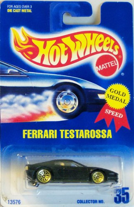 Hot Wheels Ferrari Testarossa Black with Gold Wire Spoke Wheels Blue and White Card 35 Hot Wheels Ferrari Testarossa Black with Gold Wire Spoke Wheels Blue and White Card 35