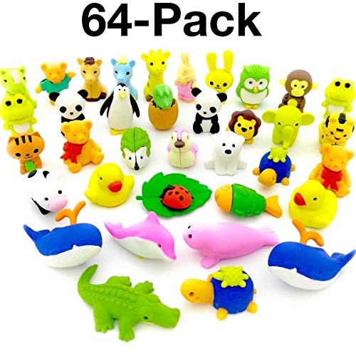 OHill Animal Erasers, Pack of 64 3D Animal Pencil Erasers Puzzle Erasers Kid Erasers for Party Favors Games Prizes Carnivals and Classroom Rewards