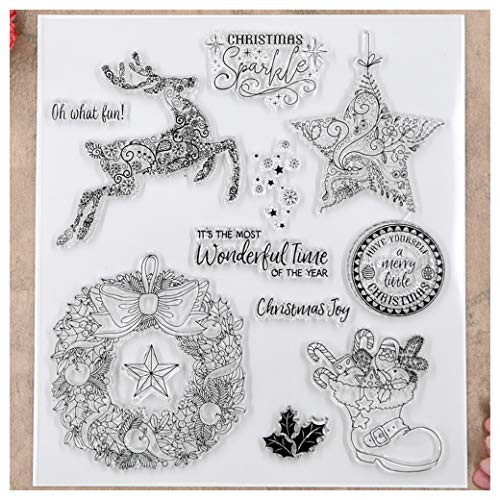 Kwan Crafts Merry Christmas Deer Star Wreath Clear Stamps for Card Making Decoration and DIY Scrapbooking